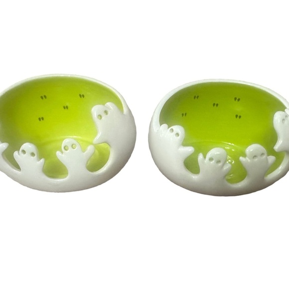 2 Retired Partylite Halloween Spooky Ghost Tea-light Candle Holders Green White - Picture 1 of 3